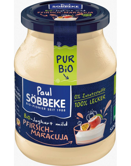 JOGURT KREMOWY BRZOSKWINIA - MARAKUJA (3,8 % TŁUSZCZU W MLEKU) BIO 500 g (SŁOIK) - SOBBEKE