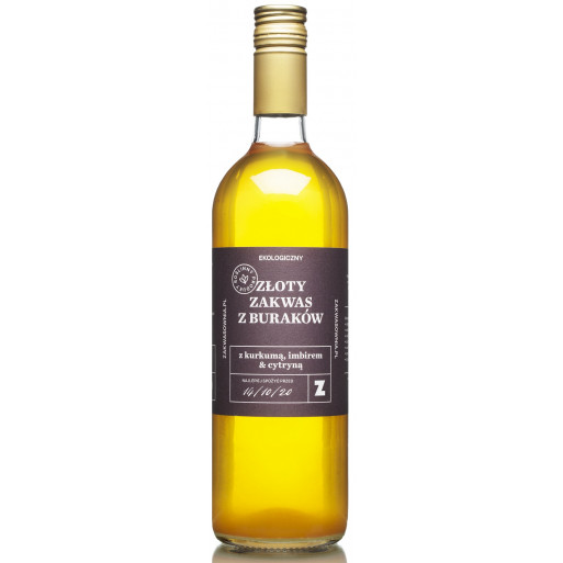 ZŁOTY ZAKWAS Z BURAKÓW Z KURKUMĄ, IMBIREM I CYTRYNĄ BEZGLUTENOWY BIO 700 ml - ZAKWASOWNIA