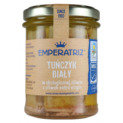 TUŃCZYK BIAŁY FILETY W BIO OLIWIE Z OLIWEK EXTRA VIRGIN 200 g (130 g) (SŁOIK) - EMPERATRIZ