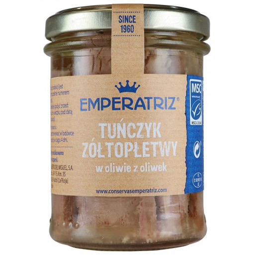 TUŃCZYK ŻÓŁTOPŁETWY FILETY W OLIWIE Z OLIWEK 200 g (130 g) (SŁOIK) - EMPERATRIZ