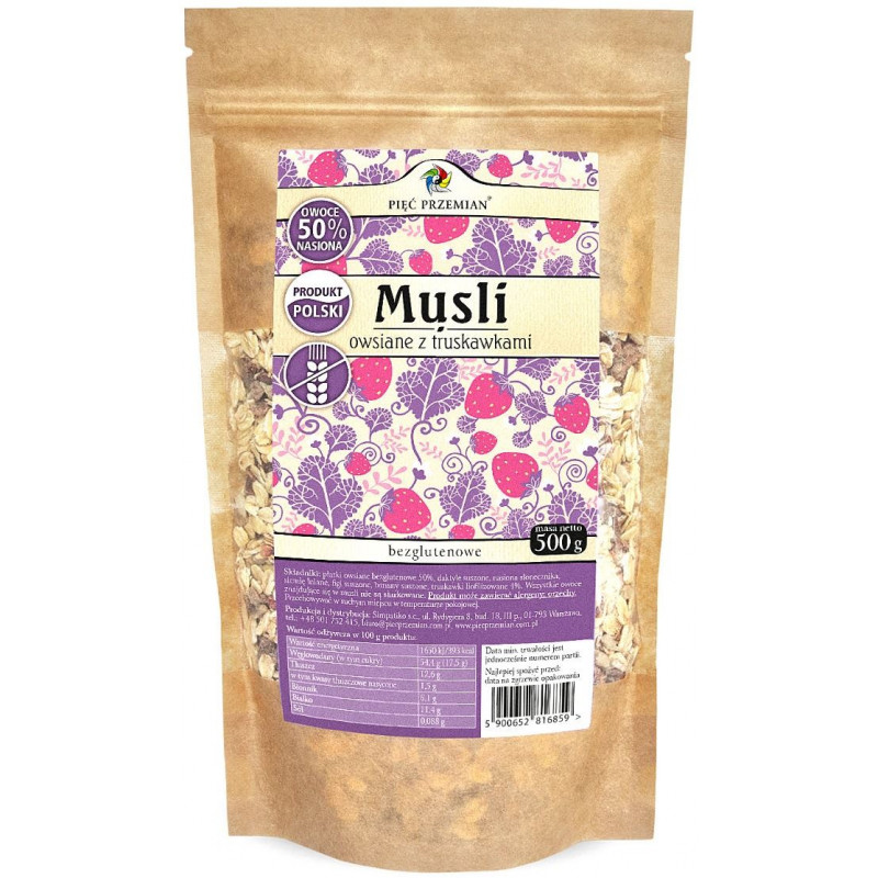MUSLI TRUSKAWKOWE BEZ DODATKU CUKRÓW BEZGLUTENOWE 500 g - PIĘĆ PRZEMIAN