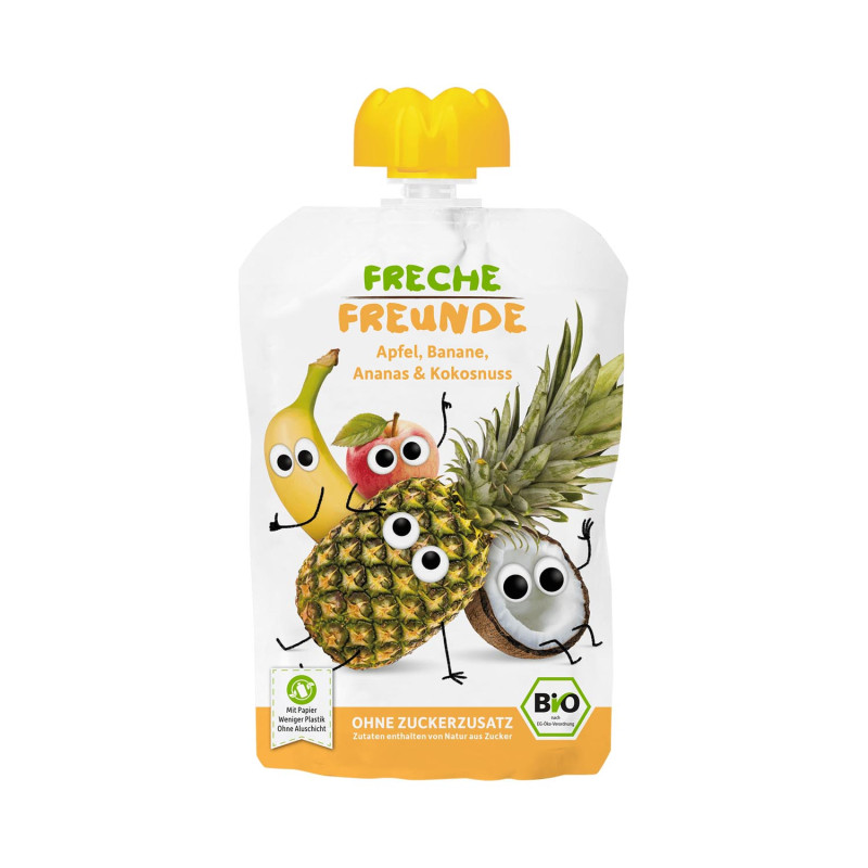 MUS JABŁKO - BANAN - ANANAS - KOKOS BEZ DODATKU CUKRÓW BEZGLUTENOWY PO 6 MIESIĄCU BIO 100 g - FRECHE FREUNDE