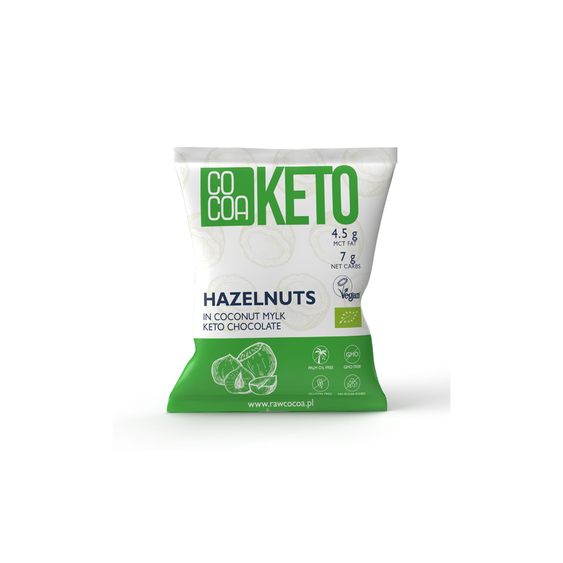 ORZECHY LASKOWE W CZEKOLADZIE KETO Z OLEJEM MCT BEZ DODATKU CUKRU BIO 70 g - COCOA