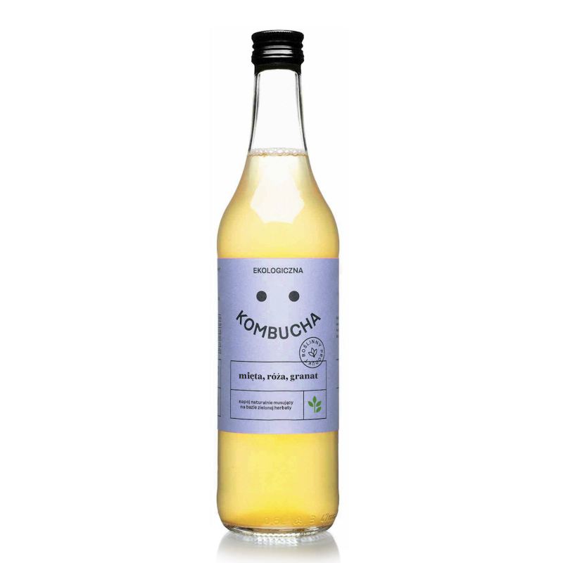 KOMBUCHA Z MIĘTĄ, RÓŻĄ I GRANATEM BIO 500 ml - DELIKATNA (ZAKWASOWNIA)