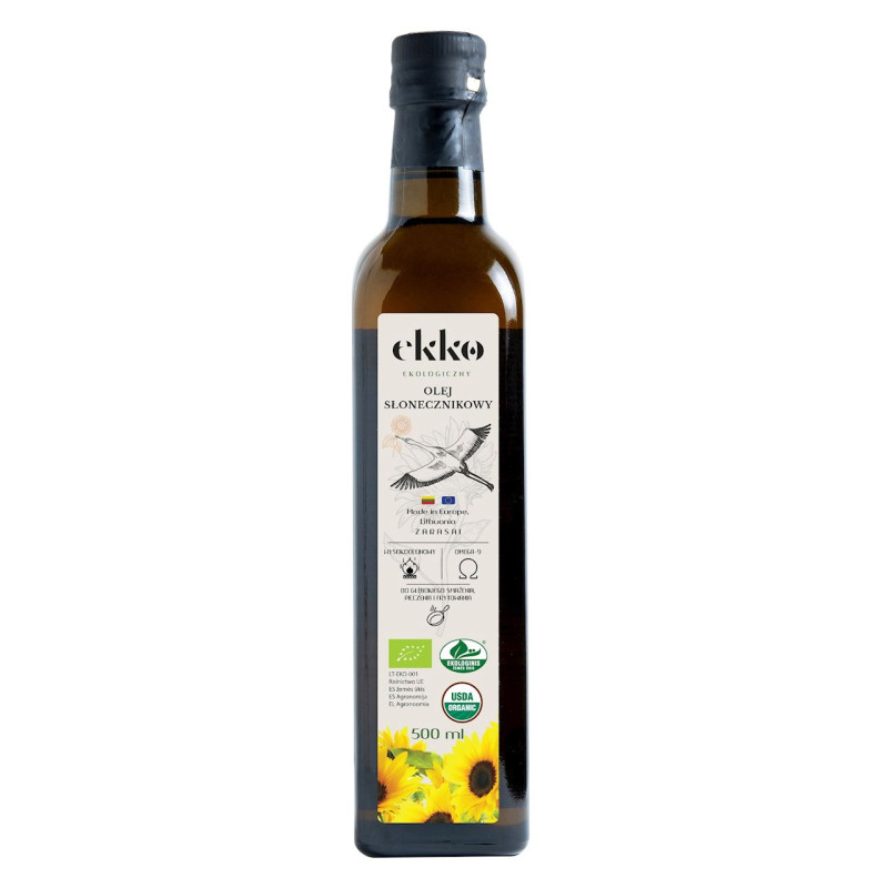 OLEJ SŁONECZNIKOWY WYSOKOOLEINOWY TŁOCZONY NA ZIMNO BIO 500 ml - EKKO