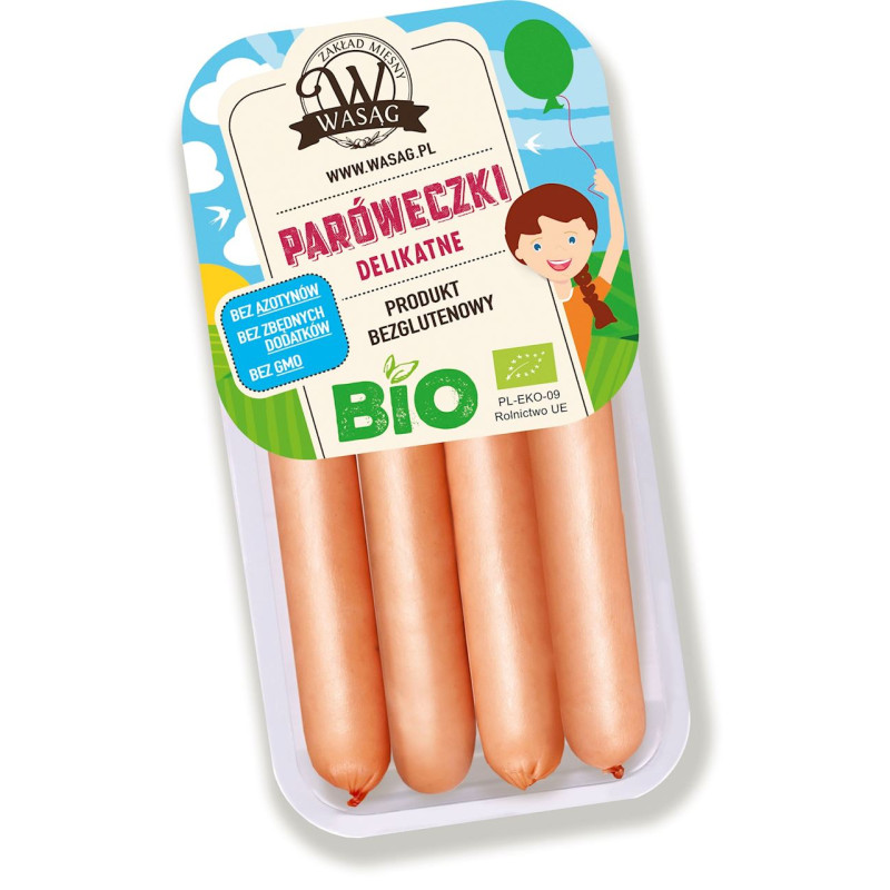 PARÓWKI WIEPRZOWE DELIKATNE BEZGLUTENOWE BIO 150 g - WASĄG (Z PÓŁKI)