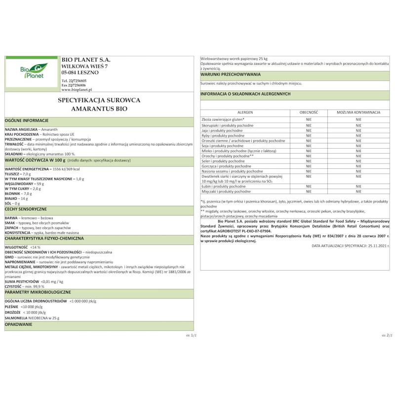 AMARANTUS BIO (SUROWIEC) (25 kg)