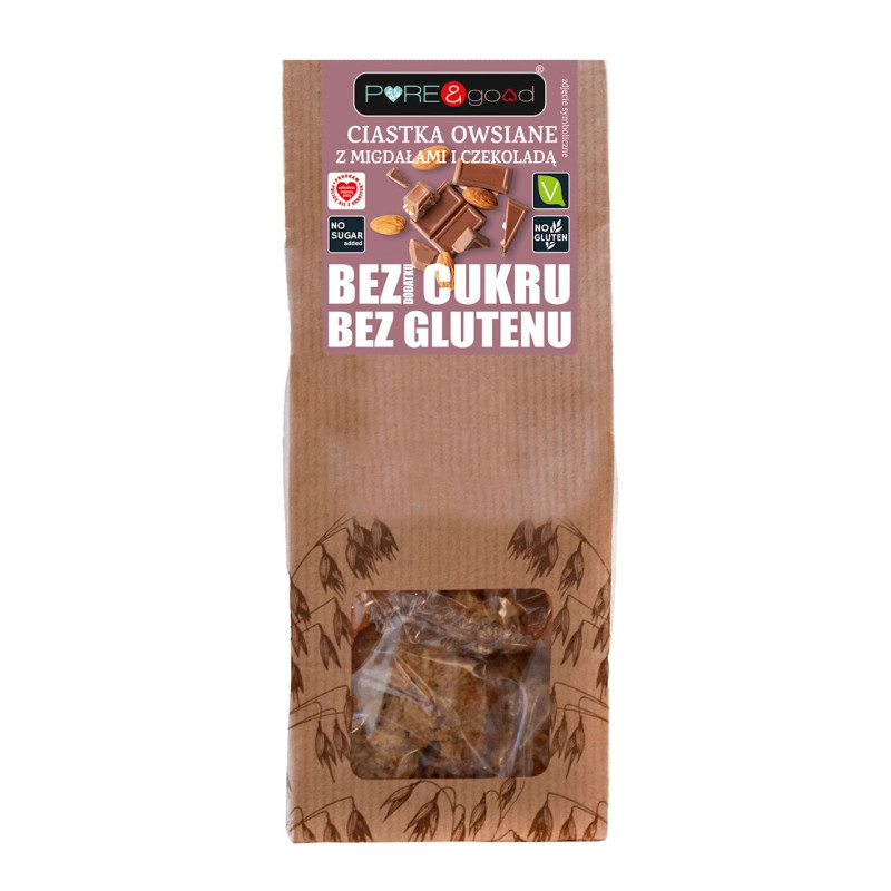 CIASTKA OWSIANE Z MIGDAŁAMI I CZEKOLADĄ BEZ DODATKU CUKRU BEZGLUTENOWE 150 g - PURE&GOOD