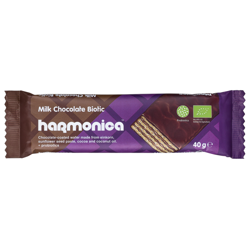 WAFELEK Z SAMOPSZY Z KREMEM MLECZNO - KAKAOWYM W POLEWIE Z MLECZNEJ CZEKOLADY Z PROBIOTYKAMI BIO 40 g - HARMONICA