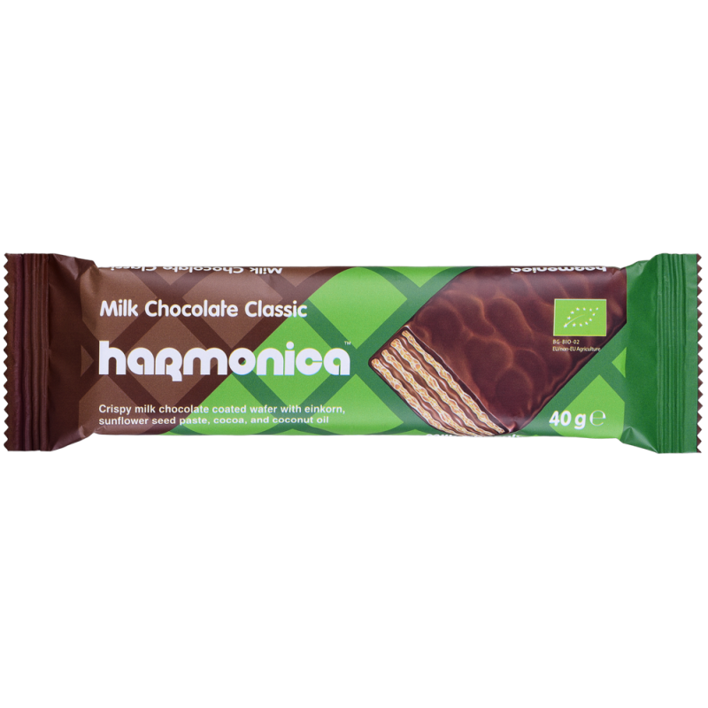 WAFELEK Z SAMOPSZY Z KREMEM MLECZNO - KAKAOWYM W POLEWIE Z MLECZNEJ CZEKOLADY BIO 40 g - HARMONICA