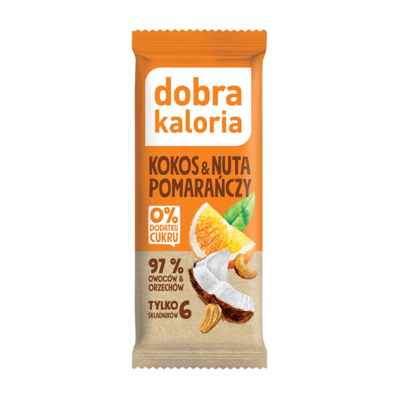 BATON DAKTYLOWY KOKOS & NUTA POMARAŃCZY BEZ DODATKU CUKRÓW 35 g - DOBRA KALORIA
