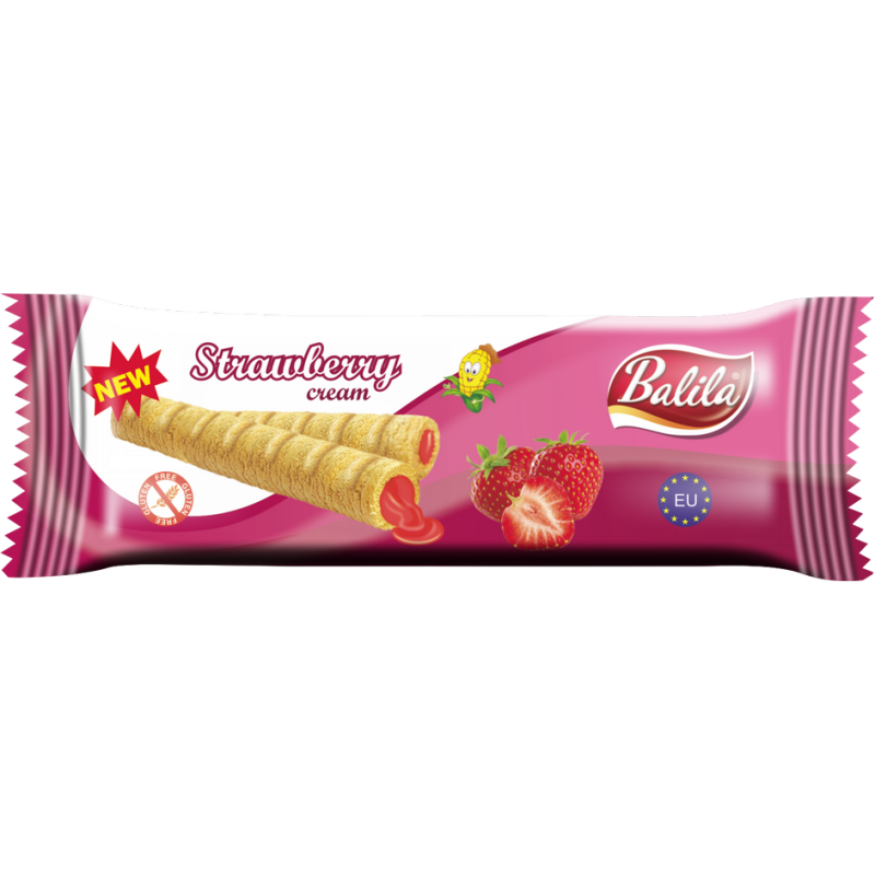 RURKI KUKURYDZIANE NADZIEWANE KREMEM O SMAKU TRUSKAWKOWYM BEZGLUTENOWE 18 g - BALILA