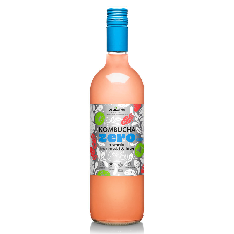 KOMBUCHA O SMAKU TRUSKAWKI I KIWI ZERO % CUKRU 700 ml - DELIKATNA (ZAKWASOWNIA)