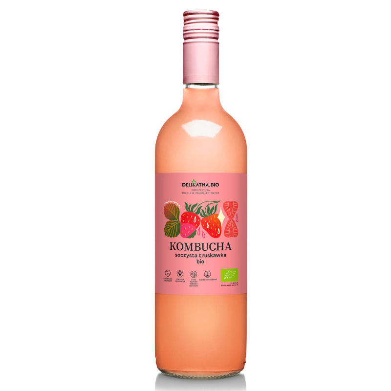 KOMBUCHA SOCZYSTA TRUSKAWKA BIO 750 ml - DELIKATNA (ZAKWASOWNIA)