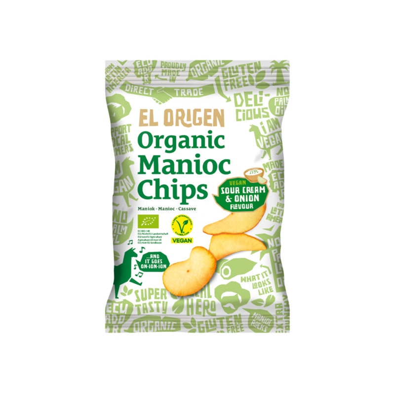 CHIPSY Z MANIOKU O SMAKU ŚMIETANKOWO - CEBULOWYM WEGAŃSKIE BEZGLUTENOWE BIO 60 g - EL ORIGEN
