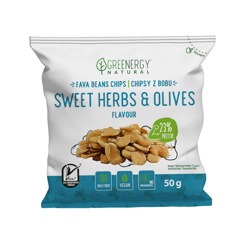 CHIPSY PROTEINOWE Z BOBU O SMAKU SŁODKICH ZIÓŁ I OLIWEK 50 g - GREENERGY