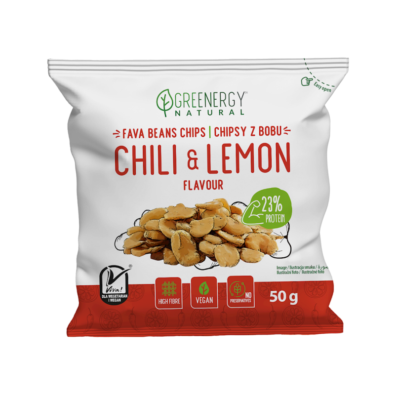 CHIPSY PROTEINOWE Z BOBU O SMAKU CHILI I CYTRYNY 50 g - GREENERGY
