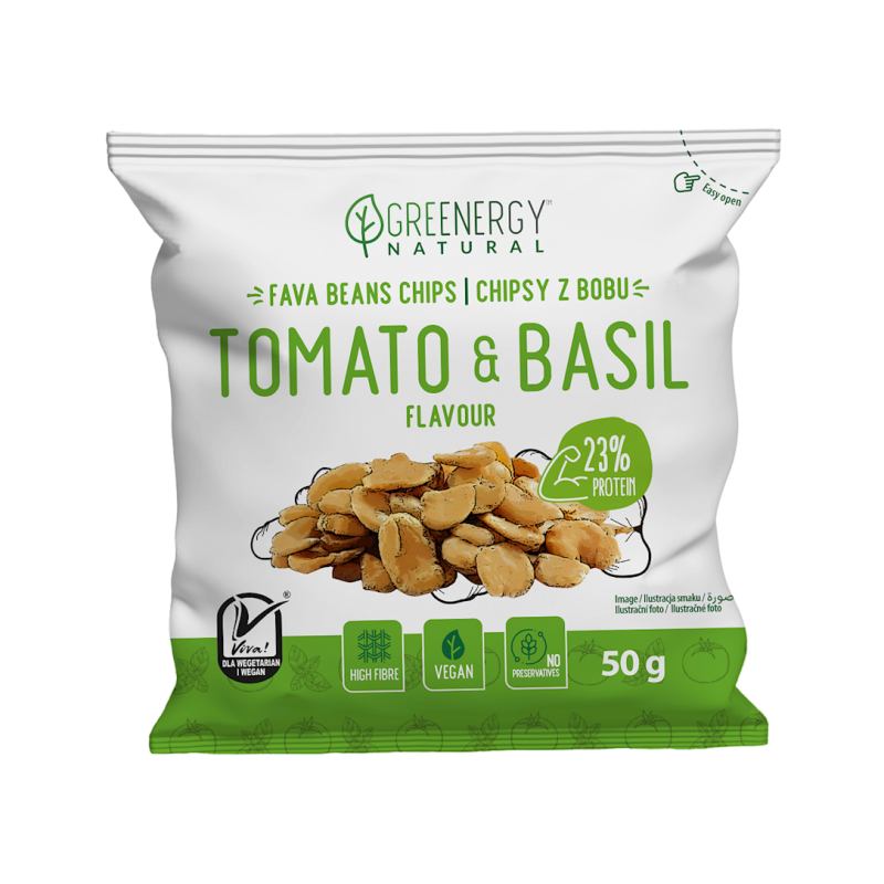 CHIPSY PROTEINOWE Z BOBU O SMAKU POMIDORA I BAZYLII 50 g - GREENERGY