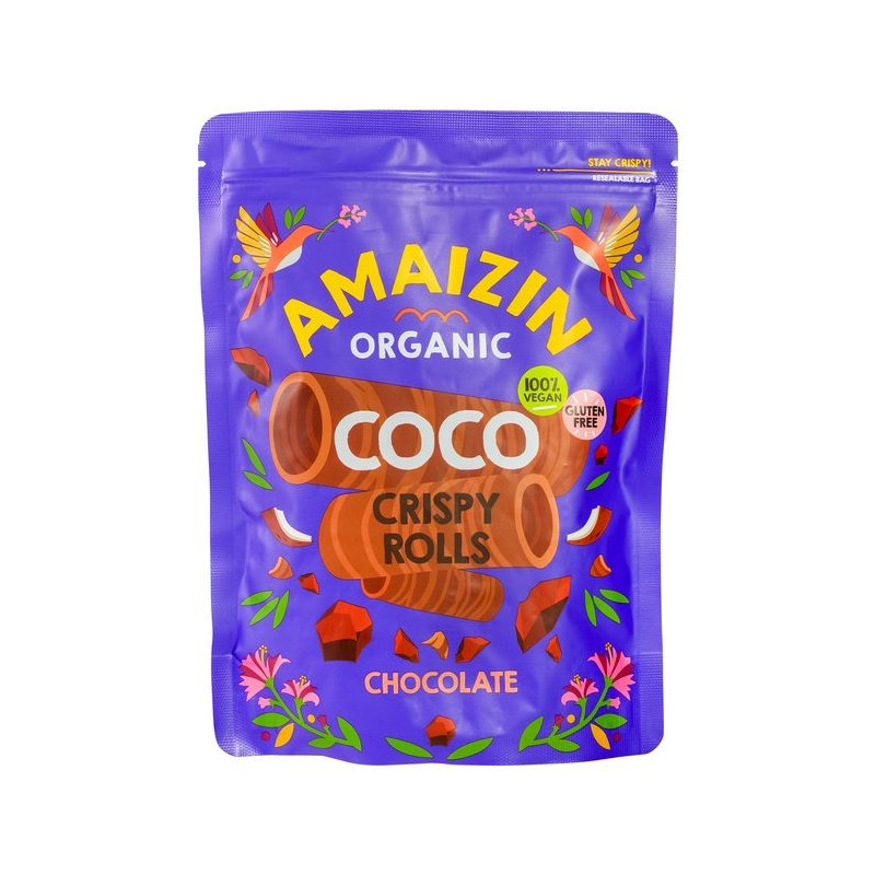 ROLLSY - CHRUPIĄCE RURKI KOKOSOWO - CZEKOLADOWE BEZGLUTENOWE BIO 140 g - AMAIZIN