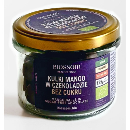 KULKI MANGO W CZEKOLADZIE BEZ DODATKU CUKRU BEZGLUTENOWE BIO 125 g - BIOSSOM