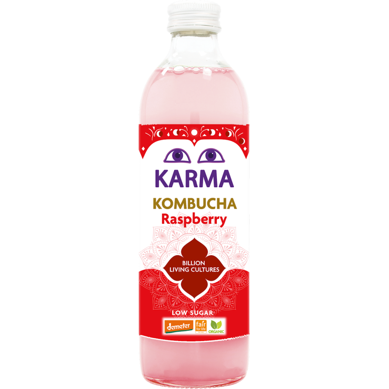 KOMBUCHA O SMAKU MALINOWYM NISKA ZAWARTOŚĆ CUKRÓW FAIR FOR LIFE DEMETER BIO 500 ml - KARMA KOMBUCHA