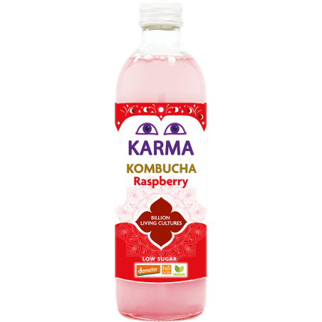 KOMBUCHA O SMAKU MALINOWYM NISKA ZAWARTOŚĆ CUKRÓW FAIR FOR LIFE DEMETER BIO 500 ml - KARMA KOMBUCHA