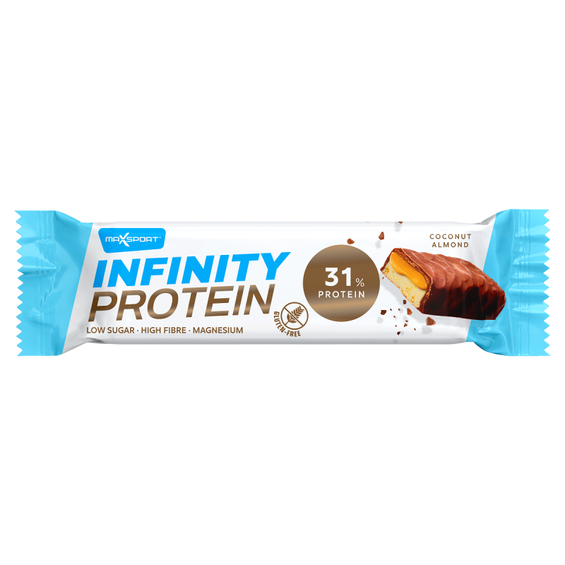 BATON PROTEINOWY Z KARMELEM, KOKOSEM I MIGDAŁAMI W MLECZNEJ CZEKOLADZIE BEZGLUTENOWY 55 g - MAXSPORT