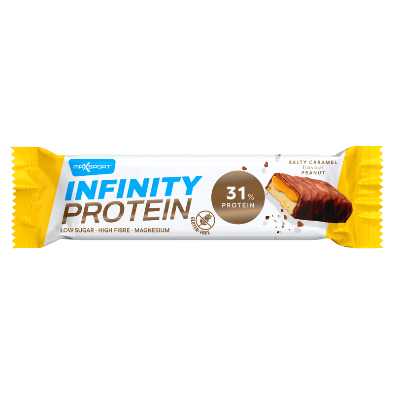 BATON PROTEINOWY Z KARMELEM I ORZESZKAMI ZIEMNYMI W MLECZNEJ CZEKOLADZIE BEZGLUTENOWY 55 g - MAXSPORT