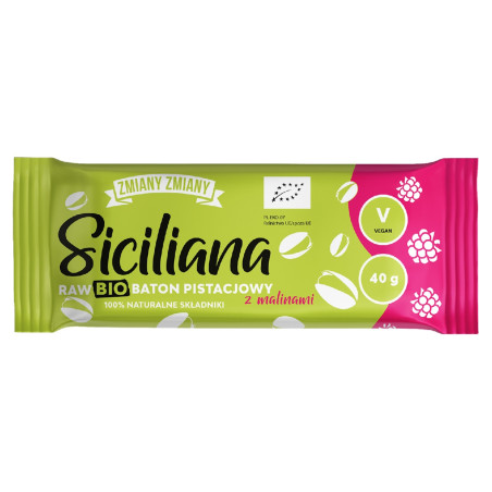 BATON PISTACJOWY Z MALINAMI "SICILIANA RAW" BEZGLUTENOWY BIO 40 g - ZMIANY ZMIANY