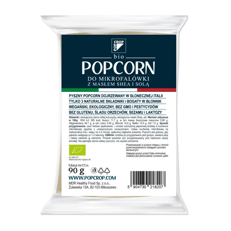 POPCORN Z ŻÓŁTEJ KUKURYDZY Z SHEA I SOLĄ DO PRZYGOTOWANIA W MIKROFALÓWCE BEZGLUTENOWY BIO 90 g - POPCROP