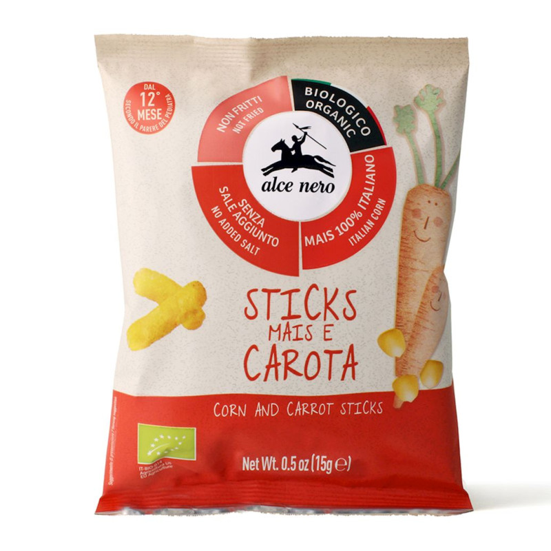 CHRUPKI KUKURYDZIANO - MARCHEWKOWE BEZ DODATKU CUKRÓW BEZGLUTENOWE OD 12 MIESIĄCA BIO 15 g - ALCE NERO