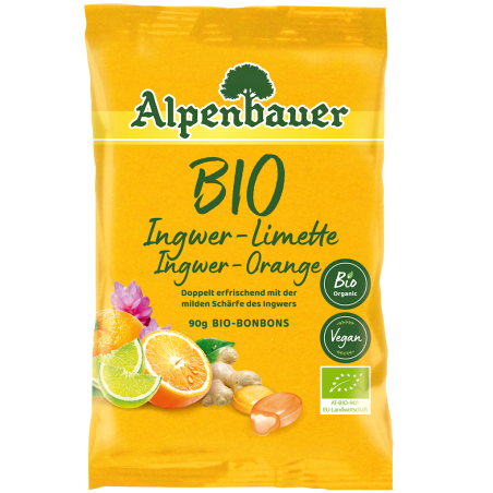 CUKIERKI Z NADZIENIEM O SMAKU IMBIROWO - LIMONKOWYM I IMBIROWO - POMARAŃCZOWYM BIO 90 g - ALPENBAUER
