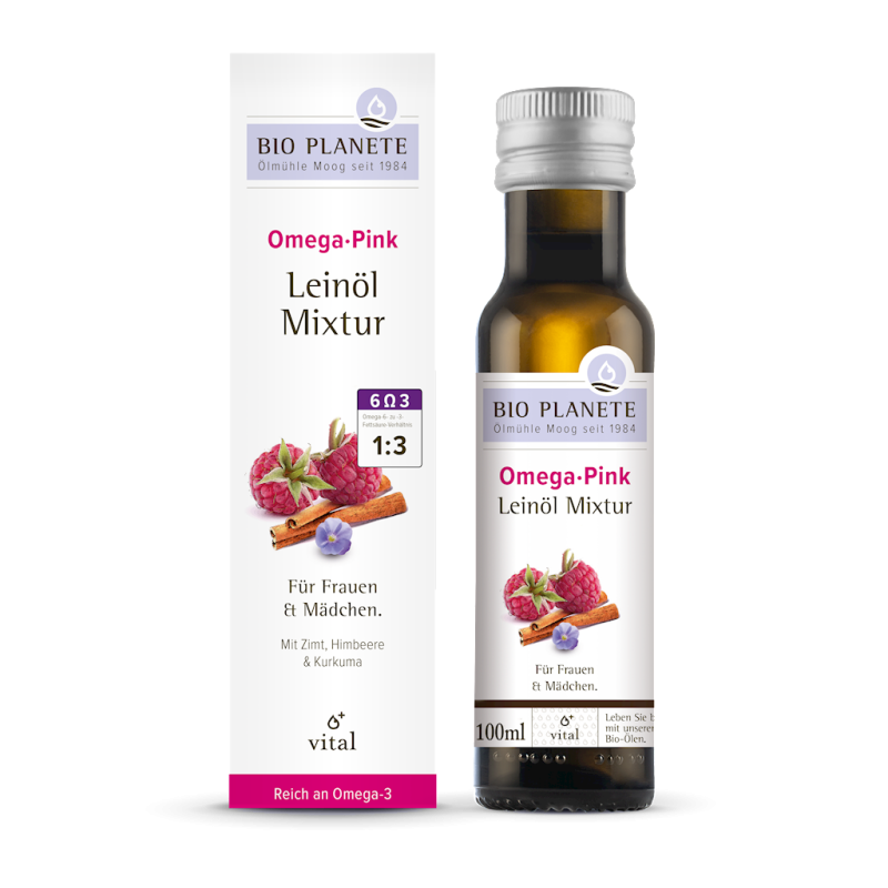 OMEGA PINK - MIESZANKA Z OLEJEM LNIANYM (MALINA, CYNAMON, KURKUMA) BIO 100 ml - BIO PLANETE