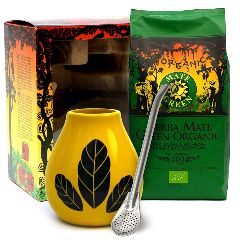 ZESTAW YERBA MATE BIO 400 g, MATERO (LOSOWY WZÓR), BOMBILLA - ORGANIC MATE GREEN