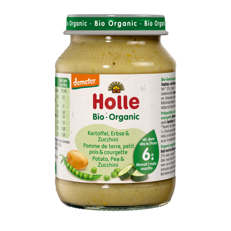 ZIEMNIAK - GROSZEK - CUKINIA BEZ DODATKU CUKRÓW BEZGLUTENOWE OD 6 MIESIĄCA DEMETER BIO 190 g (SŁOIK) - HOLLE