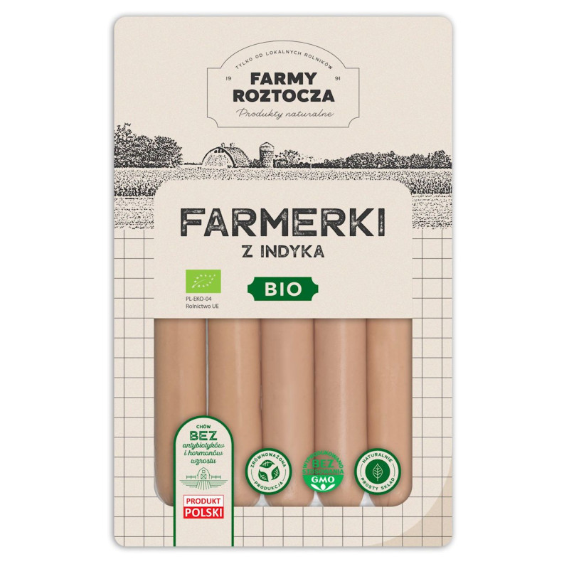 PARÓWKI FARMERKI Z INDYKA BIO 250 g - FARMY ROZTOCZA (NA ZAMÓWIENIE)