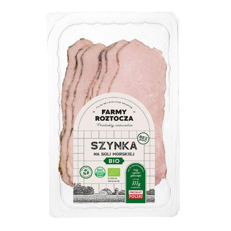 SZYNKA NA SOLI MORSKIEJ PLASTRY BIO 100 g -  FARMY ROZTOCZA (NA ZAMÓWIENIE)