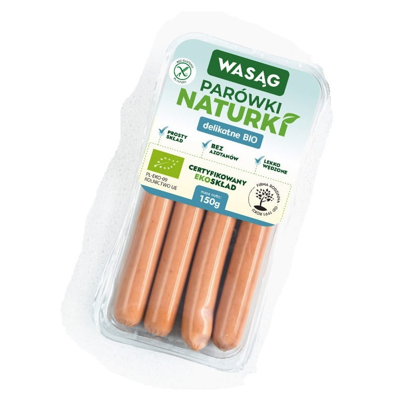 PARÓWKI DELIKATNE BEZGLUTENOWE BIO 150 g - WASĄG (NA ZAMÓWIENIE)