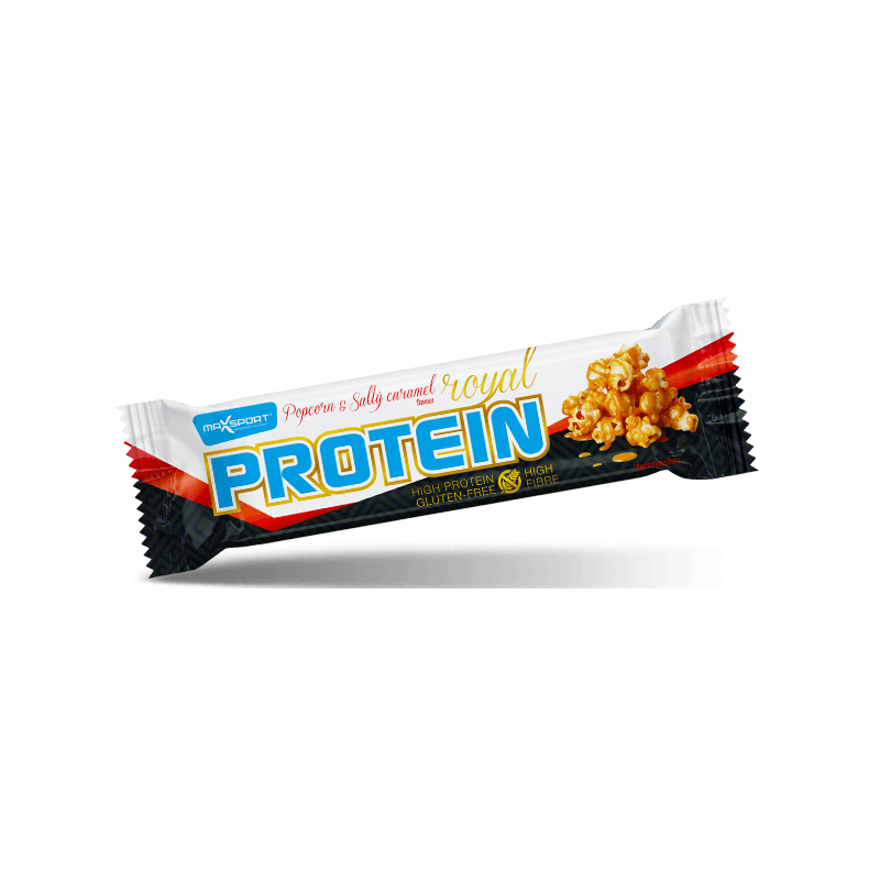 BATON PROTEINOWY O SMAKU SŁONEGO KARMELU I POPCORNU W POLEWIE KARMELOWEJ BEZGLUTENOWY 60 g - MAXSPORT