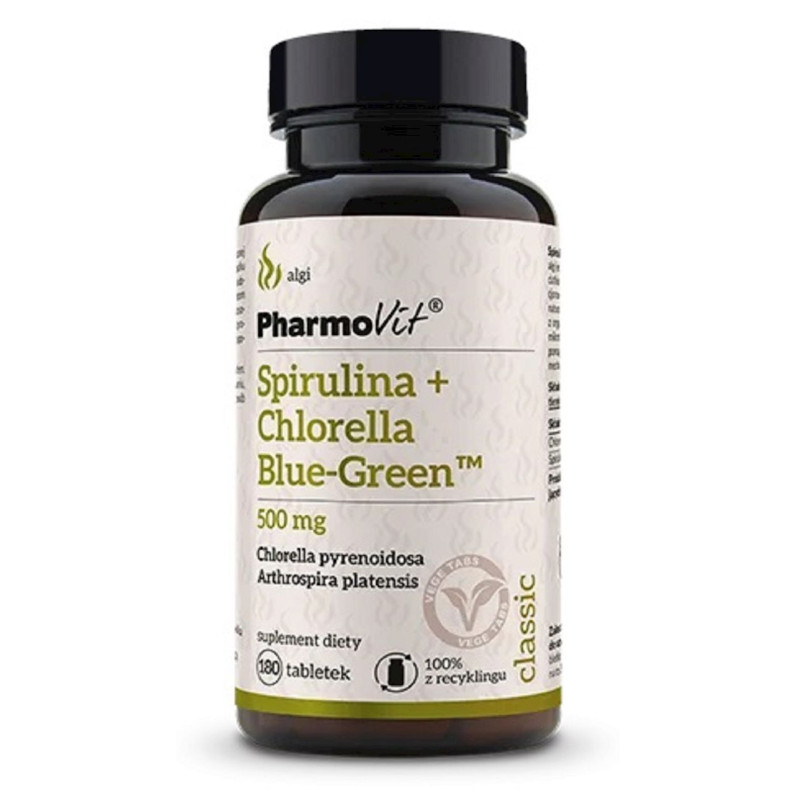 SPIRULINA + CHLORELLA BLUE-GREEN BEZGLUTENOWA 180 TABLETEK - PHARMOVIT (CLASSIC)