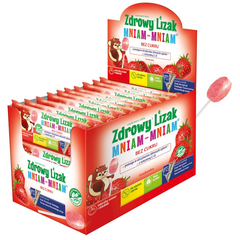 LIZAK O SMAKU TRUSKAWKOWYM Z WITAMINĄ D I C BEZ CUKRU BEZGLUTENOWY 6 g - MNIAM MNIAM STARPHARMA