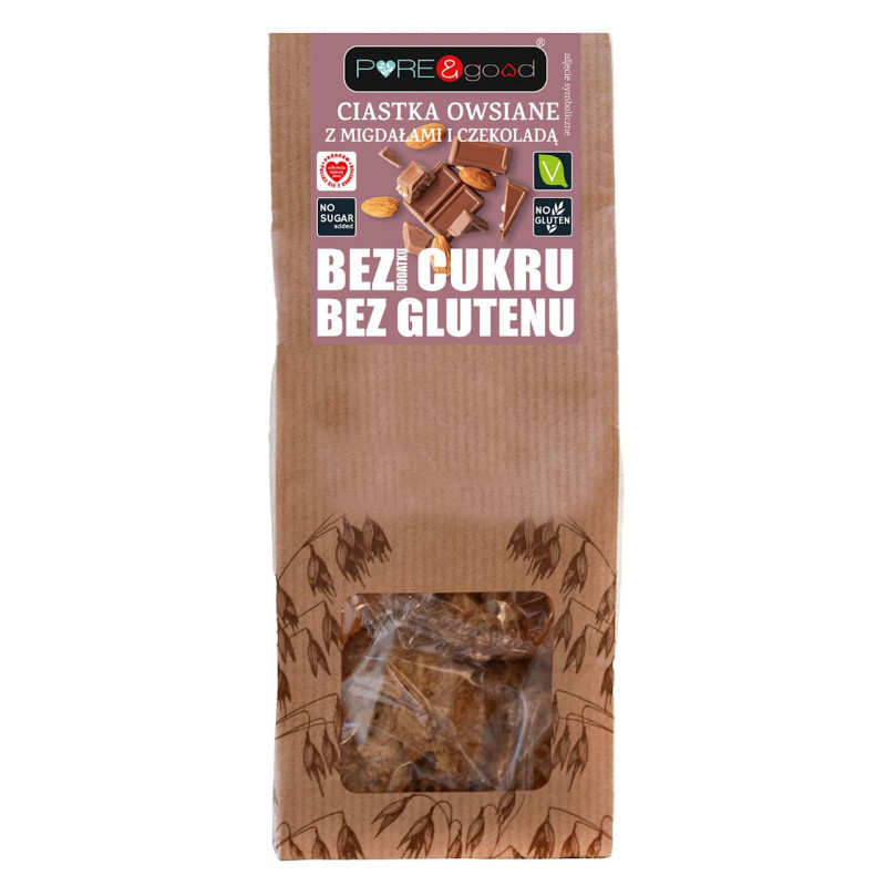 CIASTKA OWSIANE Z MIGDAŁAMI I CZEKOLADĄ BEZ DODATKU CUKRÓW BEZGLUTENOWE 150 g - PURE&GOOD