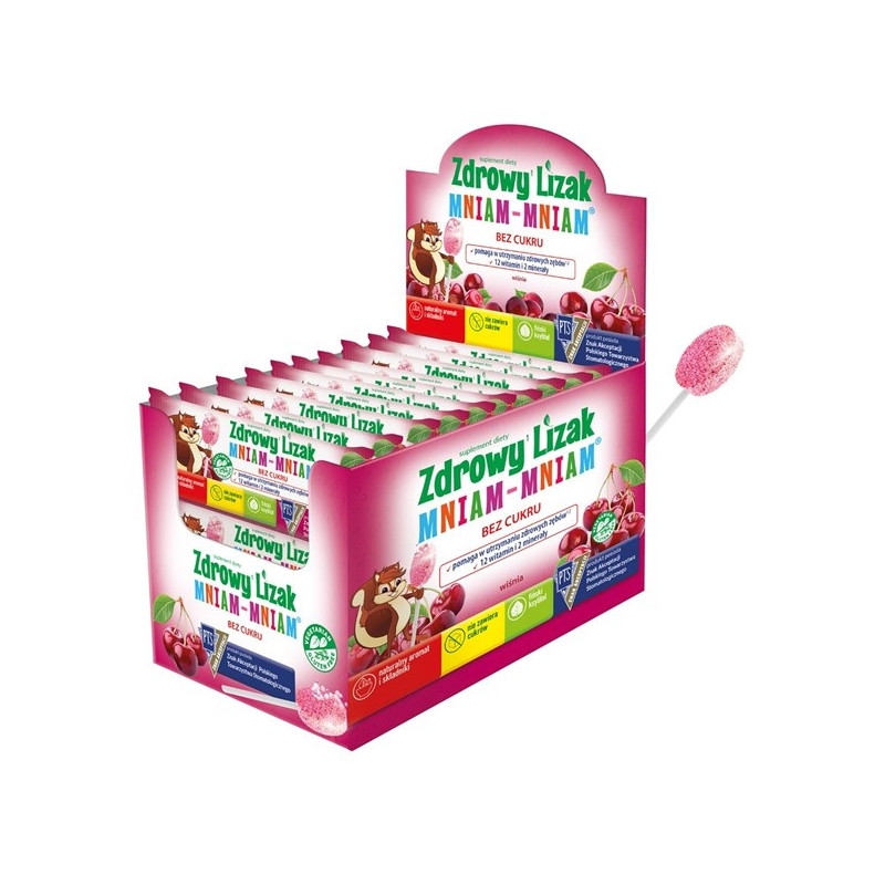 LIZAK O SMAKU MUSUJĄCEJ WIŚNI NA ODPORNOŚĆ BEZ CUKRU BEZGLUTENOWY 6 g - MNIAM MNIAM STARPHARMA