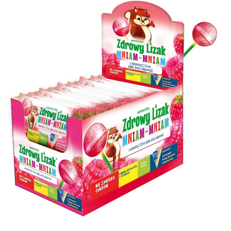 LIZAK KULKA O SMAKU MALINOWYM Z WITAMINĄ D I C BEZ CUKRU BEZGLUTENOWY 6 g - MNIAM MNIAM STARPHARMA