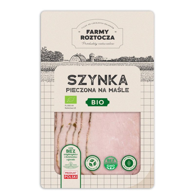 SZYNKA NA MAŚLE PIECZONA PLASTRY BIO 100 g - FARMY ROZTOCZA (NA ZAMÓWIENIE)