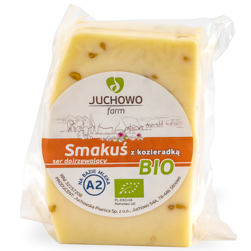 SER ŻÓŁTY DOJRZEWAJĄCY Z KOZIERADKĄ SMAKUŚ Z MLEKA A2 BIO (około 0,30 kg) - JUCHOWO (NA ZAMÓWIENIE)