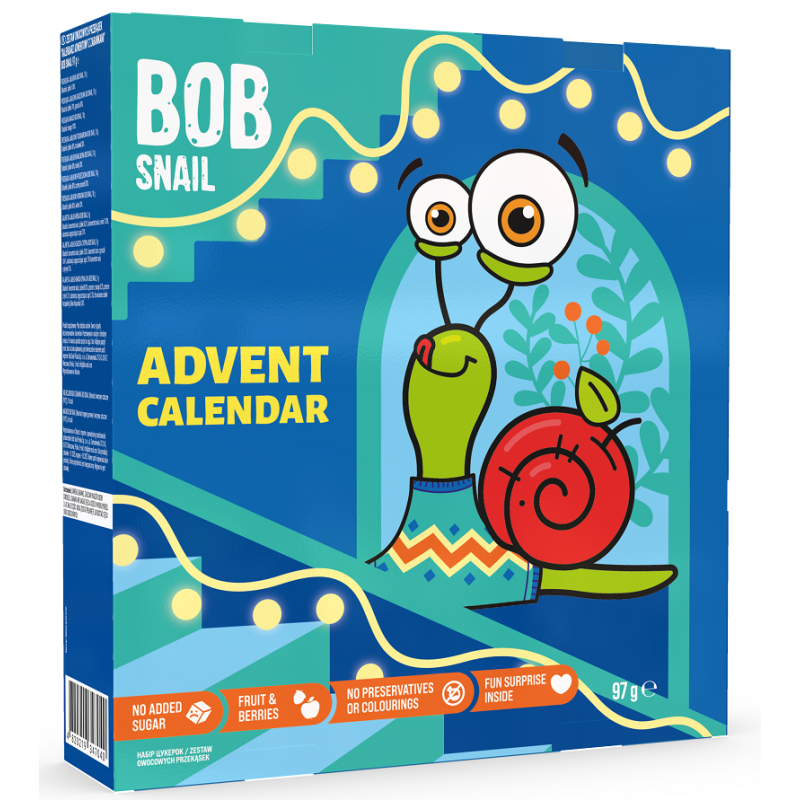 KALENDARZ ADWENTOWY - PRZEKĄSKI I GALARETKI OWOCOWE Z ZABAWKAMI BEZ DODATKU CUKRÓW BEZGLUTENOWE 97 g - BOB SNAIL (PRODUKT SEZONO