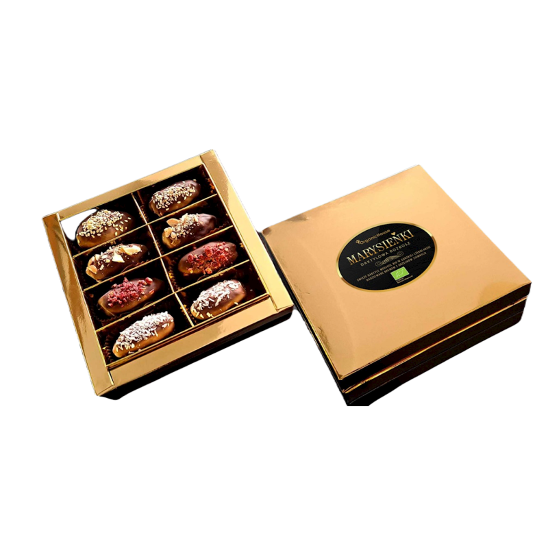 DAKTYLE MEDJOOL W CIEMNEJ CZEKOLADZIE Z NADZIENIEM I POSYPKĄ BEZGLUTENOWE BIO 230 g - ORGANICHOUSE (MARYSIEŃKI) (PRODUKT SEZONOW